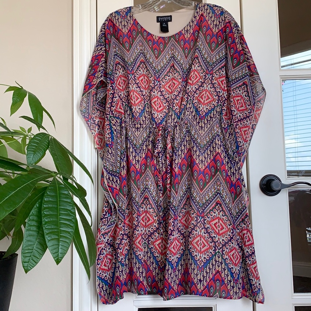 Enfocus Studio boho sheer lined colorful patterned drawstring dress, Size 4